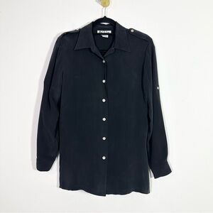 Mel & Lisa Vintage Dark Slate Gray Silk Button Down Blouse Shirt